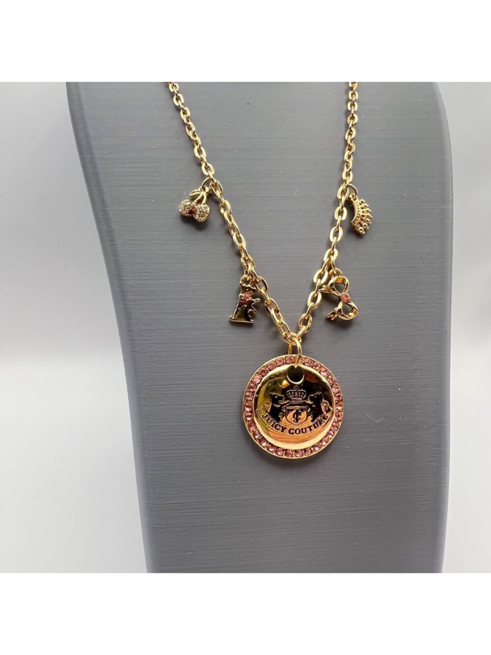 Juicy Couture Charm Necklace Gold-Tone Pink Rhinestone Scottie Cherry Bow Crown